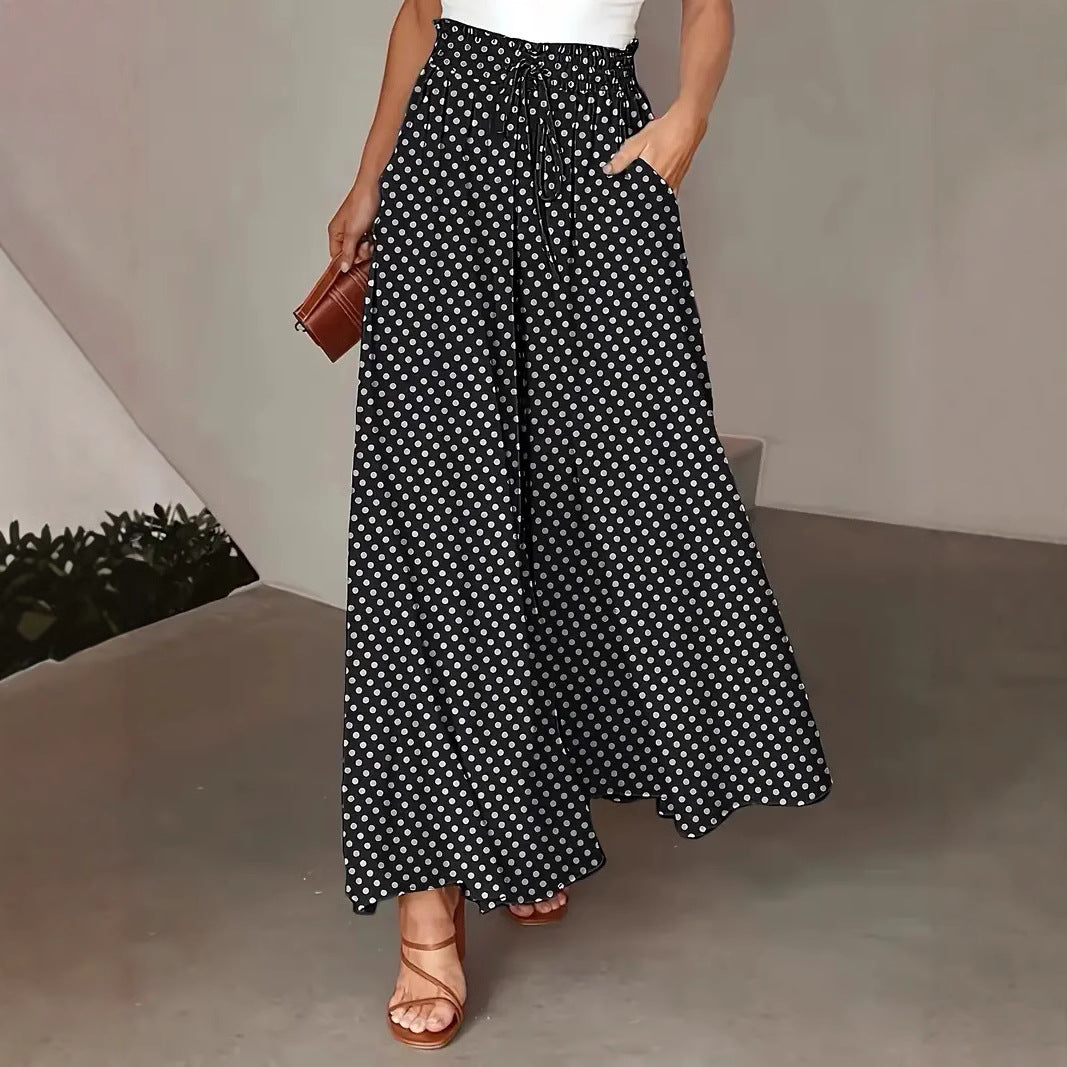 Women’s Wide-Leg Pants – Flowy Fit – Polka Dot Print – Drawstring Waist – Breathable Blend