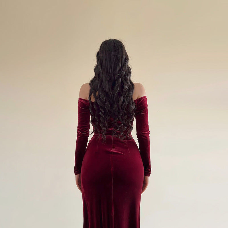 Women’s Evening Gown - Velvet - Off Shoulder - Long Sleeve - High Slit Elegant Fit