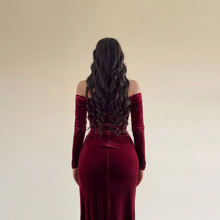Women’s Evening Gown - Velvet - Off Shoulder - Long Sleeve - High Slit Elegant Fit
