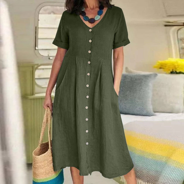 Women's V-Neck Button-Front Midi Dress - Short Sleeves