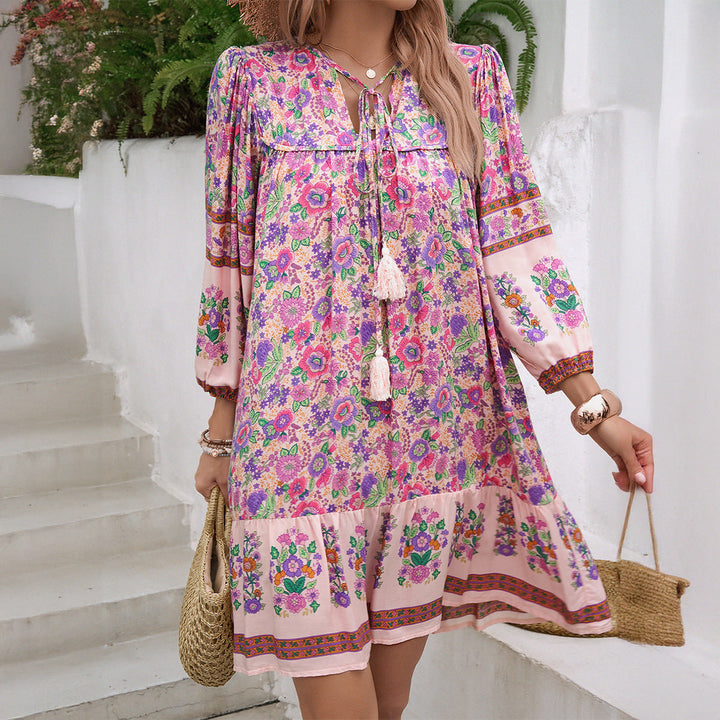 Women’s Bohemian Dress – V-Neck Tassel Detail – 3/4 Sleeve – Floral Print – Swing Fit