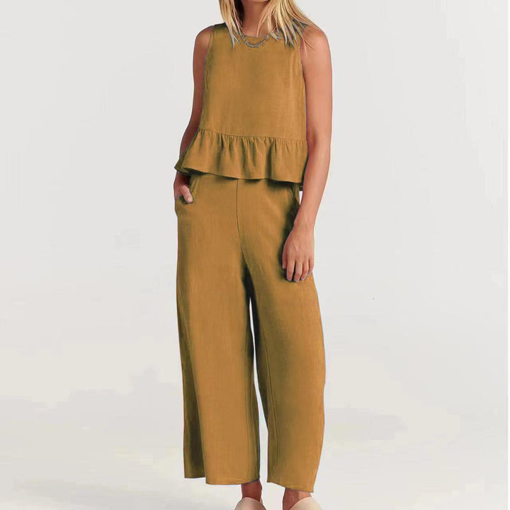 Women’s Two-Piece Set – Sleeveless Peplum Top – Wide-Leg High-Waist Pants – Lightweight Breathable