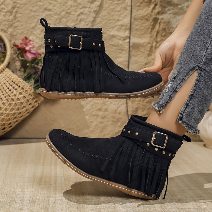Women’s Short Boots - Suede Fringe - Metal Studded - Flat Sole - Side Zip Closure