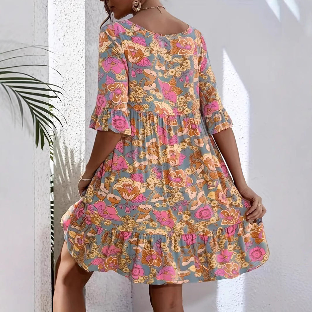 Women’s Boho Dress – Flowy Fit – V-Neck – Ruffle Sleeve – Floral Print – Cotton