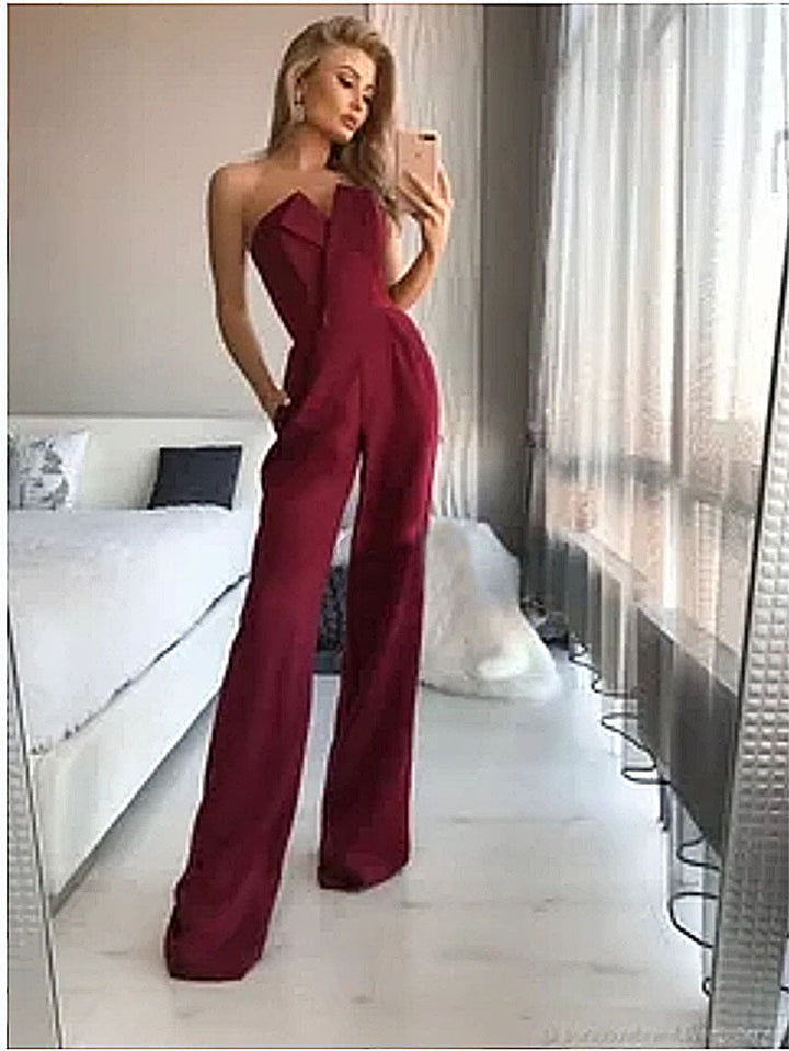 Women’s Jumpsuit - Strapless Asymmetric Neckline - Tailored Fit - Wide Leg Silhouette