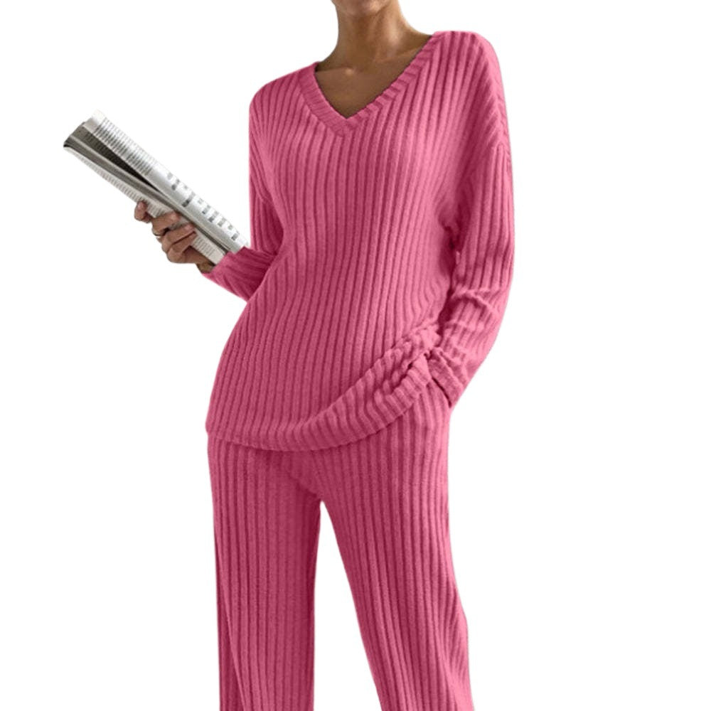 Women’s Knit Lounge Set – Ribbed V-Neck Top – Relaxed Fit – Straight-Leg Pants