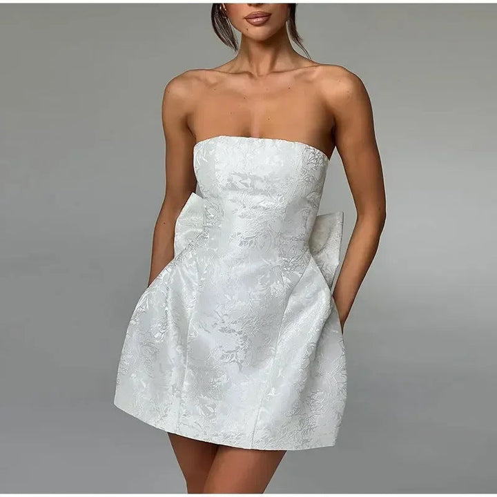 Women’s Mini Dress – Strapless Satin Jacquard – Fitted Bodice – Back Bow Detail