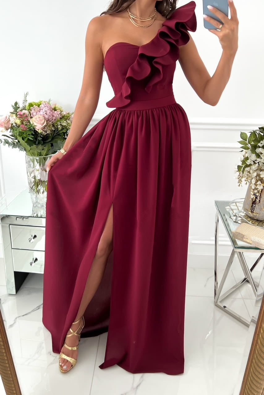 Women’s Evening Dress – One-Shoulder Ruffle – Flowy Silhouette – Slit Maxi Skirt