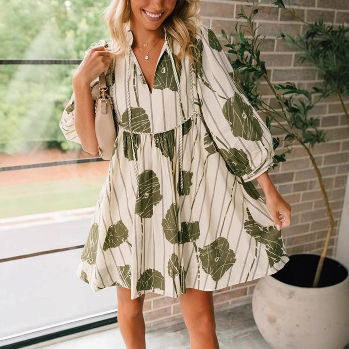 Women's Dress - Lightweight Cotton Blend - V-Neck - Puff Long Sleeve - Flowy Fit