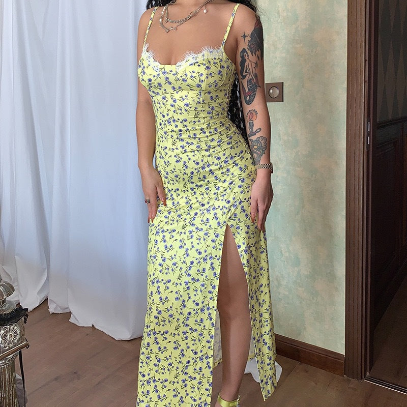 Women’s Midi Dress – Fitted Silhouette – Spaghetti Straps – Sweetheart Neckline – Front Slit