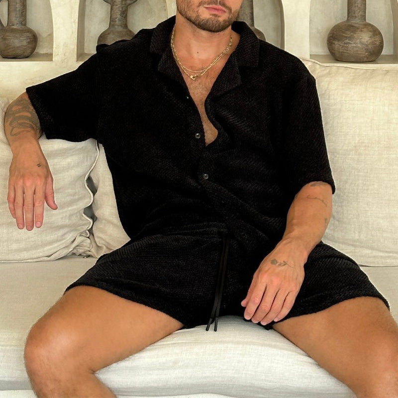 Men’s Shirt and Shorts Set - Short Sleeve Button-Up - Notched Collar - Elastic Waist Drawstring