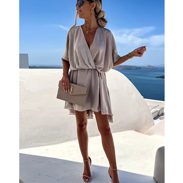 Women’s V-Neck Dress – Twisted Front Knot – Flutter Sleeve – Layered Elegant Skirt