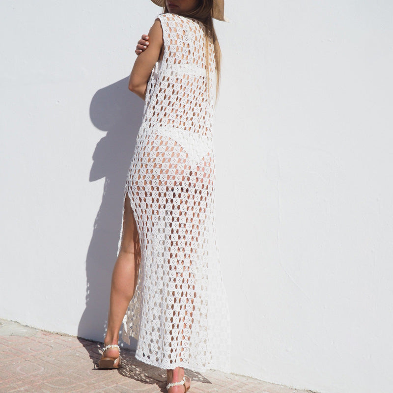 Women’s Maxi Dress Cover-Up – Crochet Knit – Sheer Relaxed Fit – Short Sleeve – Side Slit