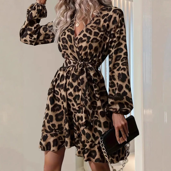 Women’s Midi Dress – V-Neck – Tie Waist – Long Sleeve – Ruffle Hem – Animal Print