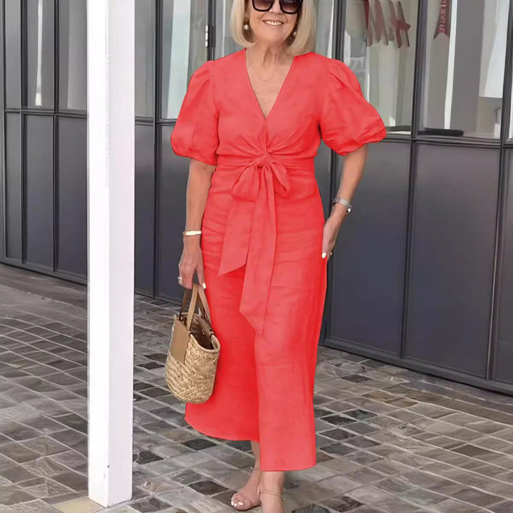Women’s Midi Dress – Natural Fibers – V-Neck – Tie Waist – Puff Sleeve – Relaxed Fit