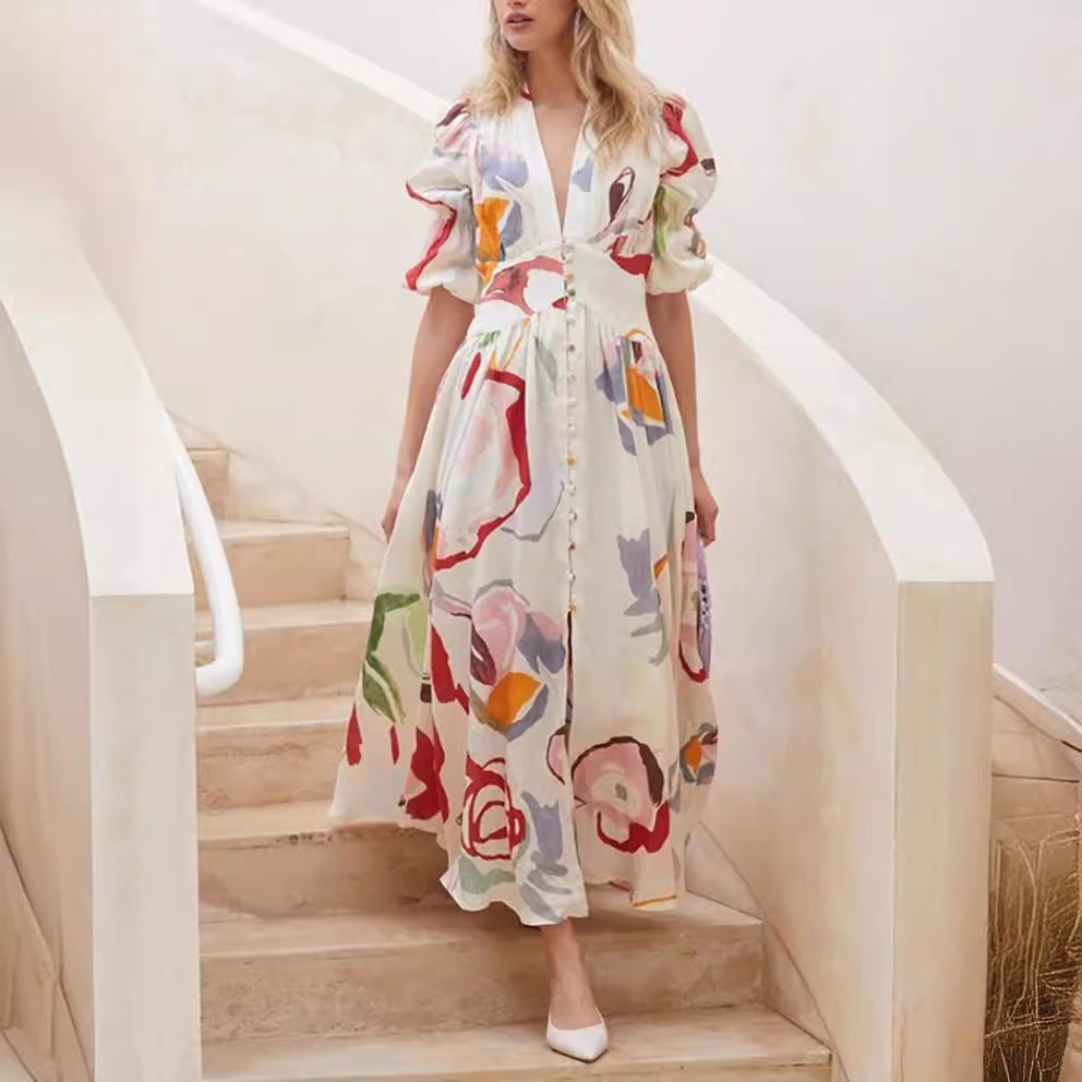 Women’s Maxi Dress - Natural Fibers - Relaxed Fit - Balloon Sleeves - Button Front