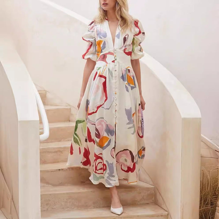 Women’s Maxi Dress - Natural Fibers - Relaxed Fit - Balloon Sleeves - Button Front