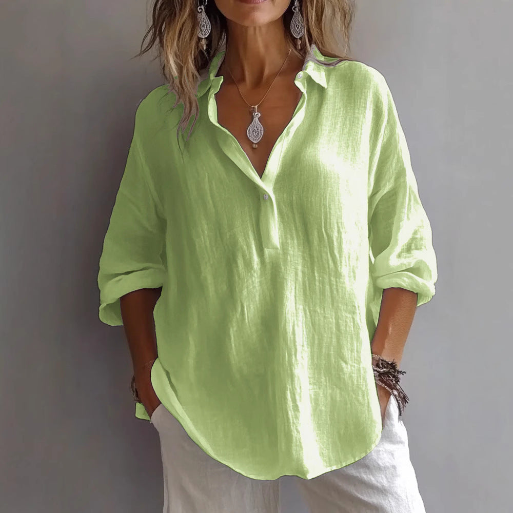 Women’s V-Neck Shirt – Natural Fibers – Loose Fit – Long Sleeve Casual Style