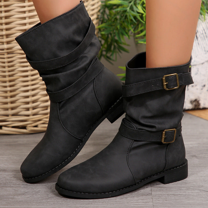 Women’s Mid-Calf Boots – Faux Leather – Slouchy Fit – Buckle Straps – Distressed Finish