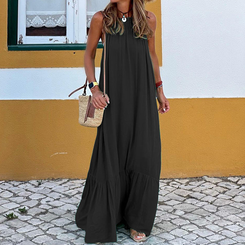 Women’s Long Beach Dress – Flowing Fit – Sleeveless Halter – Natural Fibers – Ruffled Hem