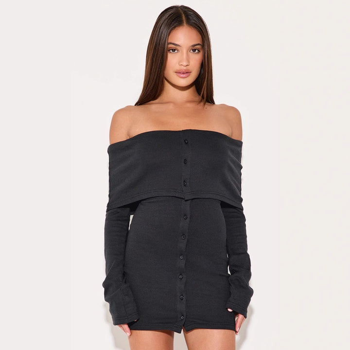 Women’s Off-Shoulder Dress - Ribbed Knit - Button Front - Slim Fit - Long Sleeve
