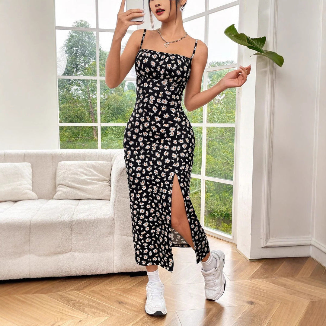 Women’s Midi Dress - Slim Fit - Spaghetti Straps - Floral Print - Side Slit Elegant Style
