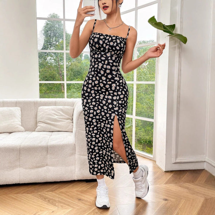 Women’s Midi Dress - Slim Fit - Spaghetti Straps - Floral Print - Side Slit Elegant Style
