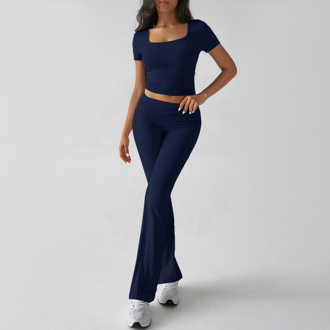 Women’s Two-Piece Set – Slim Fit Crop Top & Flared High-Waist Pants – Stretch Knit