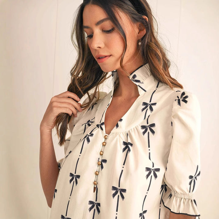 Women’s A-Line Dress – Keyhole Neckline – Puff Sleeve – Tiered Hem – All-Over Print