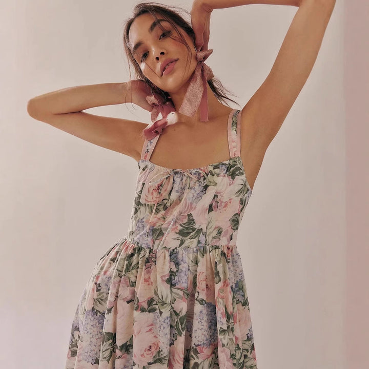 Women’s Maxi Dress – A-Line Fit – Sleeveless Spaghetti Strap – Floral Print – Ruffled Detail