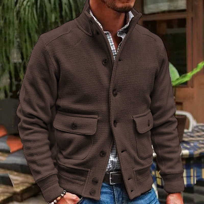 Men’s Jacket - Slim Fit - High Collar - Textured Cotton - Button Closure - Flap Pockets