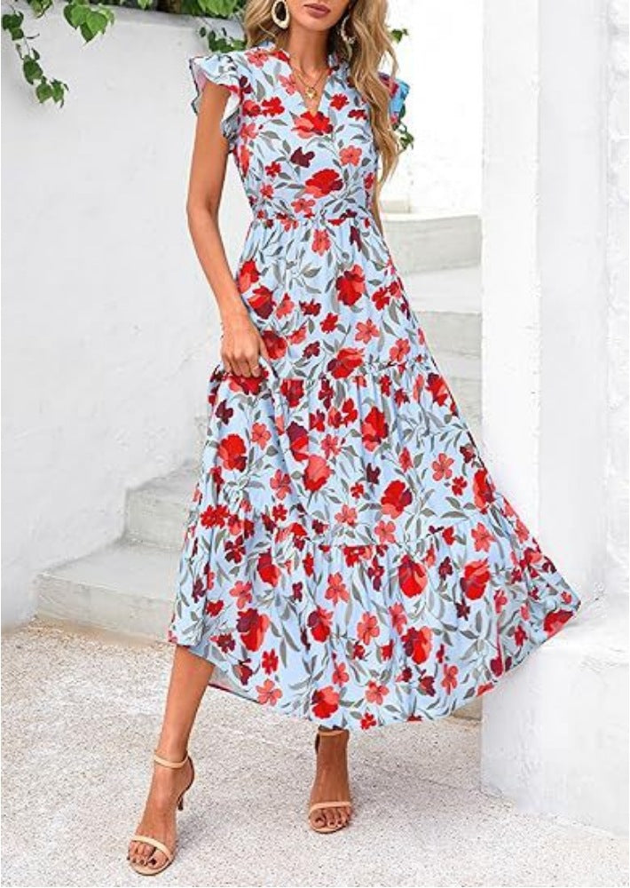 Women’s Midi Dress – Relaxed Fit – V-Neck – Flutter Sleeves – Breathable Blend – Printed