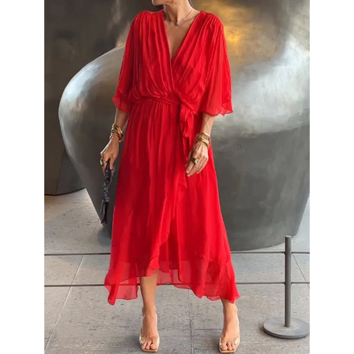 Women’s Maxi Dress – Flowing Fit – Batwing Sleeves – Tie Waist – Asymmetrical Hem