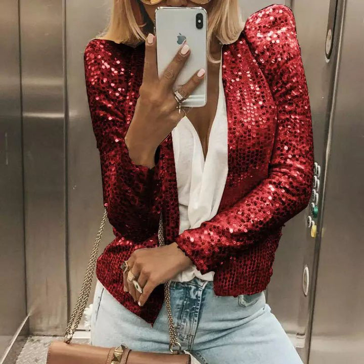 Women’s Jacket – Tailored Fit – Sequin Embellished – Long Sleeve - Open Neckline