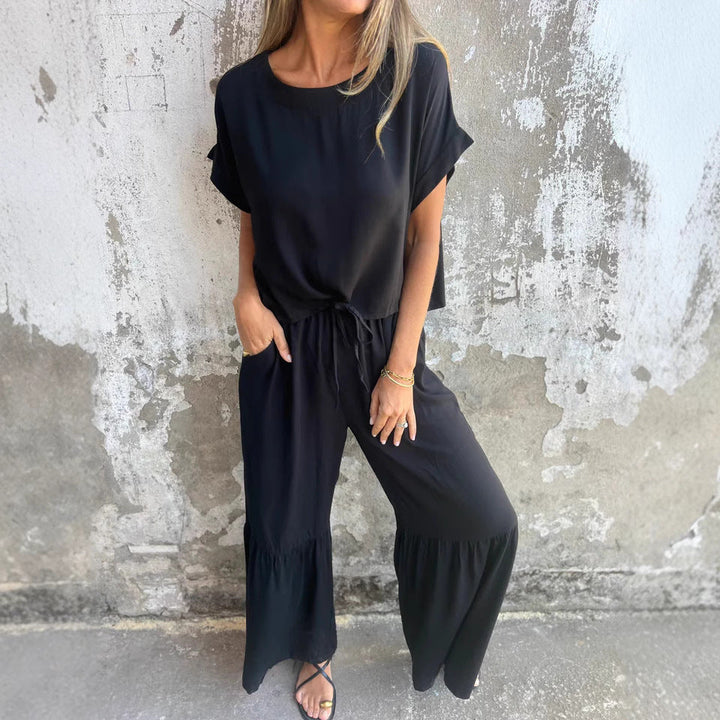 Women’s Two-Piece Suit Set – Cotton Linen – Relaxed Fit – Short Sleeve – Wide Leg Pants