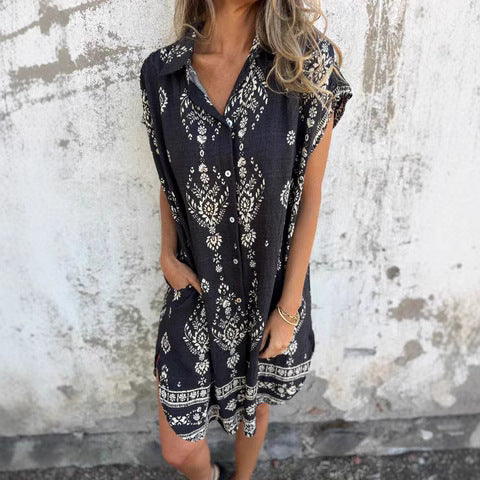 Women’s Shirt Dress – Relaxed Fit – Natural Fibers – Bohemian Print – Mini Length