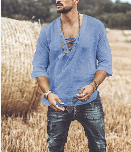 Men’s Lace-Up Shirt - V-Neck - 3/4 Sleeve - Loose Fit - Lightweight Breathable Fabric