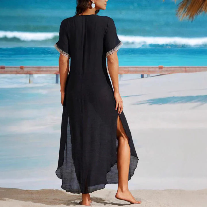 Women’s Long Beach Dress – Flowing Fit – V-Neck – Decorative Stitching – Side Slit