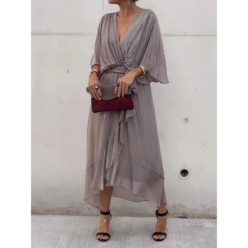 Women’s Maxi Dress – Flowing Fit – Batwing Sleeves – Tie Waist – Asymmetrical Hem