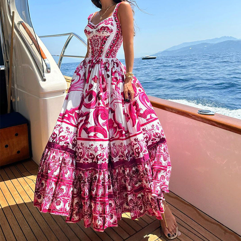 Women’s Maxi Dress – Flowing Fit – Breathable Blend – Tiered Skirt – Printed Design