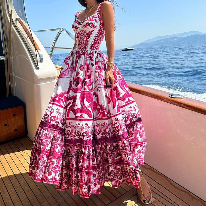 Women’s Maxi Dress – Flowing Fit – Breathable Blend – Tiered Skirt – Printed Design