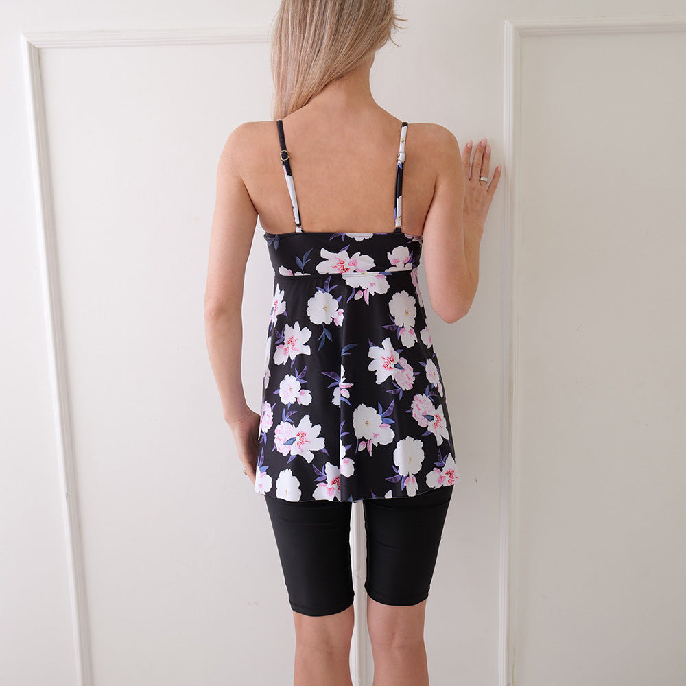 Women’s Swim Dress with Shorts – A-Line Fit – Spaghetti Straps – Floral Print