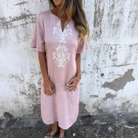 Women’s Midi Dress – Natural Fibers – Relaxed Fit – Embroidered Front – Short Sleeve