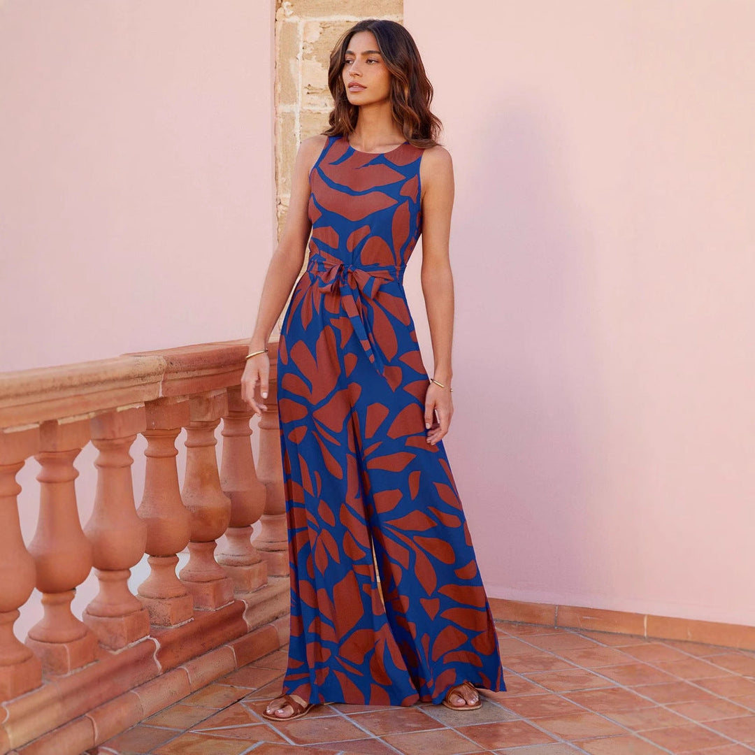 Women’s Sleeveless Jumpsuit – Wide Leg – Waist Belt – Geometric Pattern – Round Neck