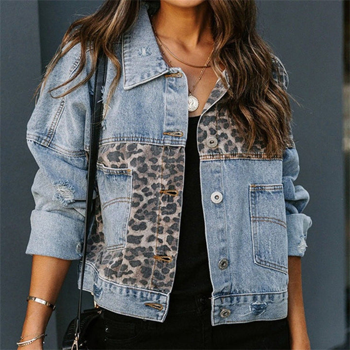 Women’s Denim Jacket – Relaxed Fit – Leopard Print Panels – Button Front – Hip Length