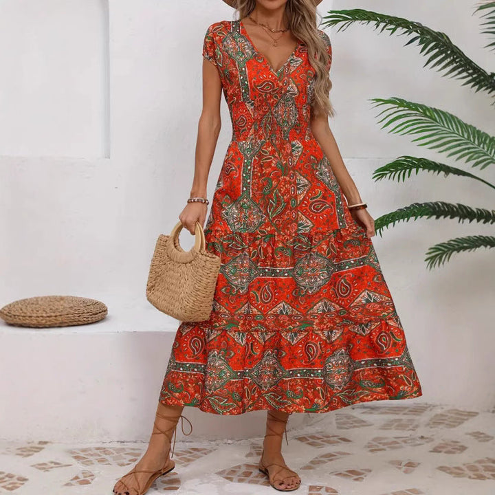 Women’s Maxi Dress – V-Neck Boho Style – Tiered Fit – Lightweight Breathable Fabric