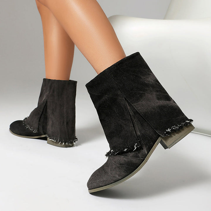Women’s Ankle Boots – Denim Upper – Distressed Trim – Low Heel – Slip-On Casual Fit