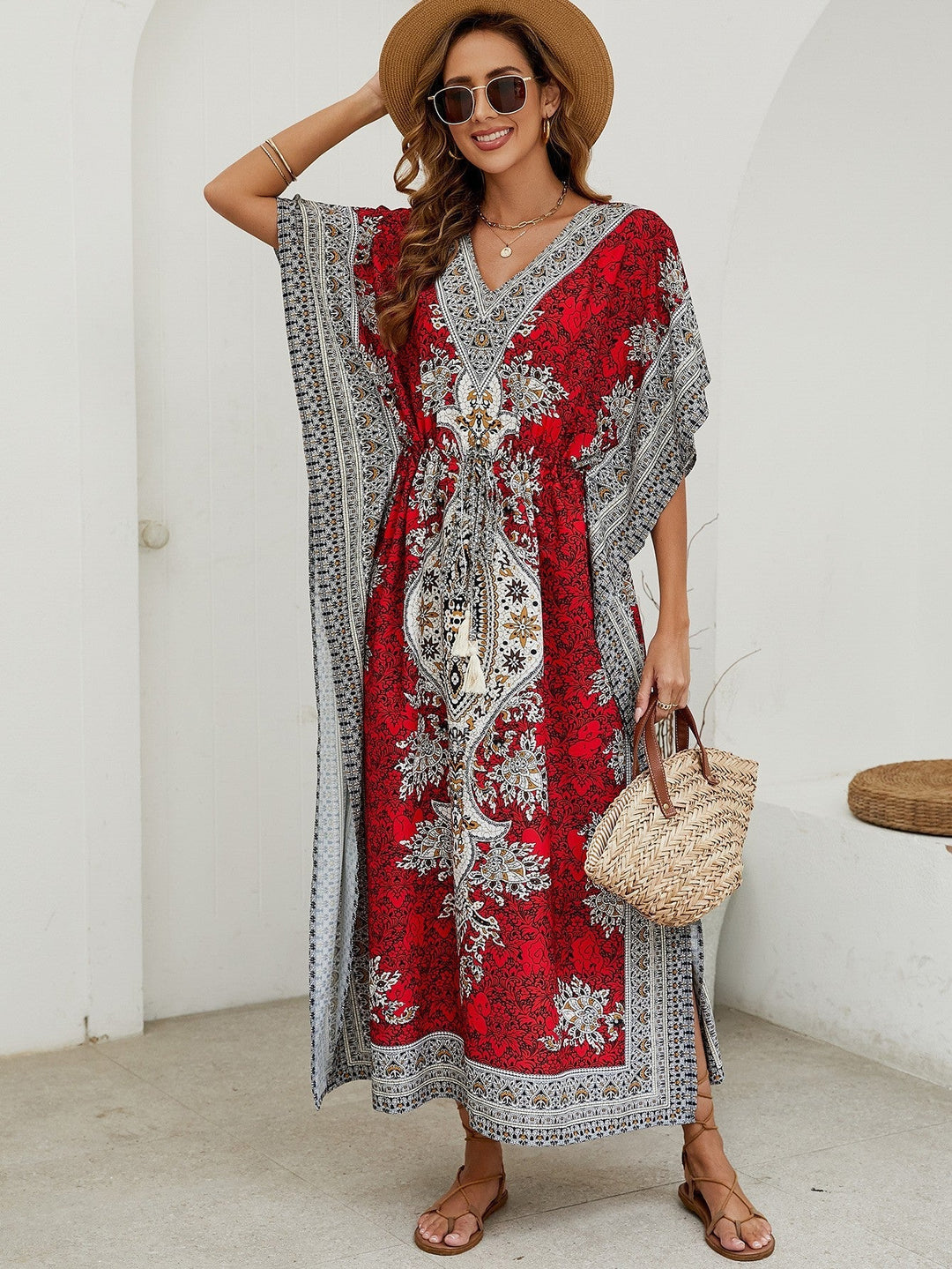 Women’s Maxi Dress – Flowing Fit – V-Neck – Short Wide Sleeves – Ornate Pattern – Breathable Fabric