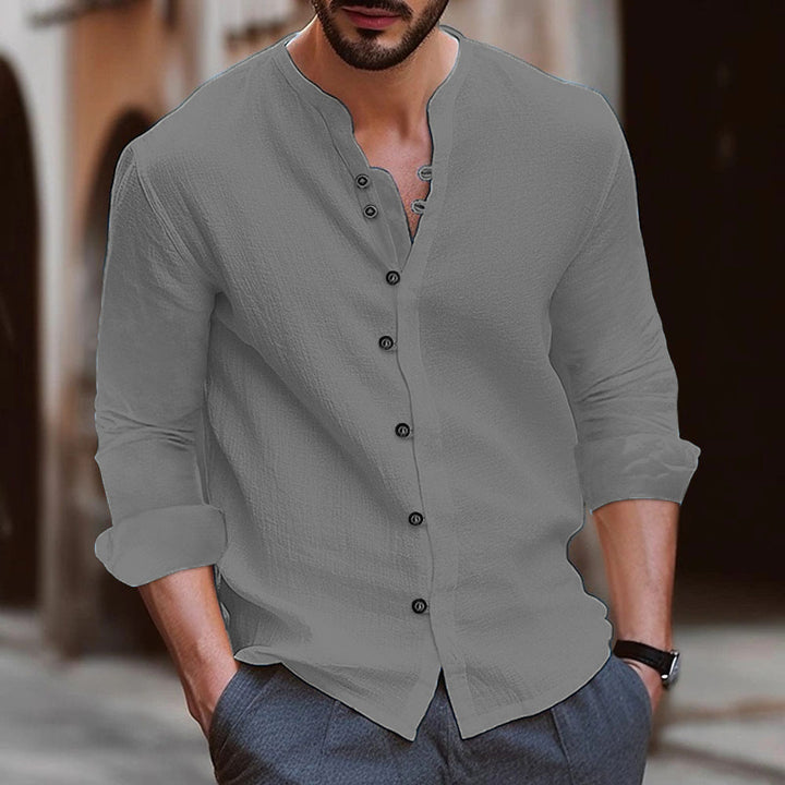 Men’s Long Sleeve Shirt - Cotton Linen Blend - Relaxed Fit - Band Collar Button-Up Casual Wear