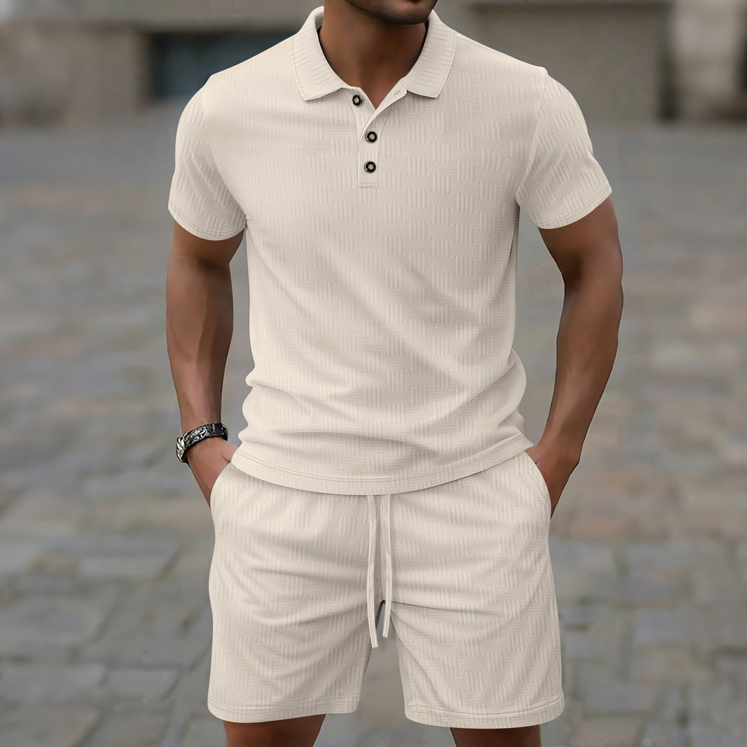 Men’s Casual Set – Short-Sleeve T-Shirt – Slim Fit – Textured Fabric – Button Placket – Collared Neckline